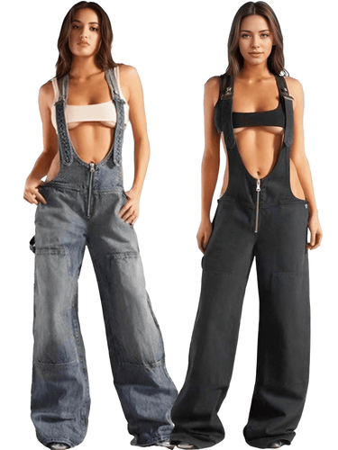 Women's Denim Overalls Exposed Zipper Detail Slant Pockets Utility Jumpsuit Streetwear Chic Stretch Fit Adjustable Straps, Drestiny, Overalls, Jumpsuits, Jeans, Casual Pants, S, M, L, Blue, Black, 4, 6, 8, 10, United States, USA, Australia, New Zealand, United Kingdom, UK, Denim overalls women, women's denim overalls, Jean overalls women, blue denim jumpsuit, denim jumpsuit, black denim overalls, shopdrestiny.com